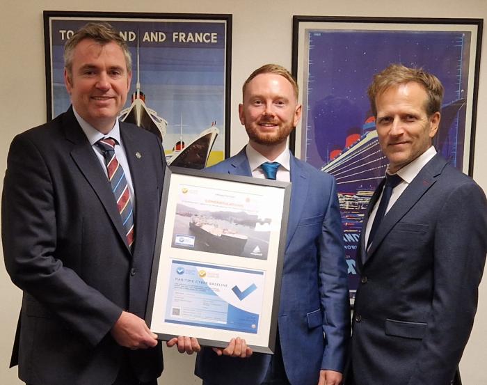From left to right: RINA CEO Chris Boyd, Craig Smith, senior cybersecurity specialist at Seapeak, and Mark Oakton, security consultant at Infosec Partners, at the certificate ceremony