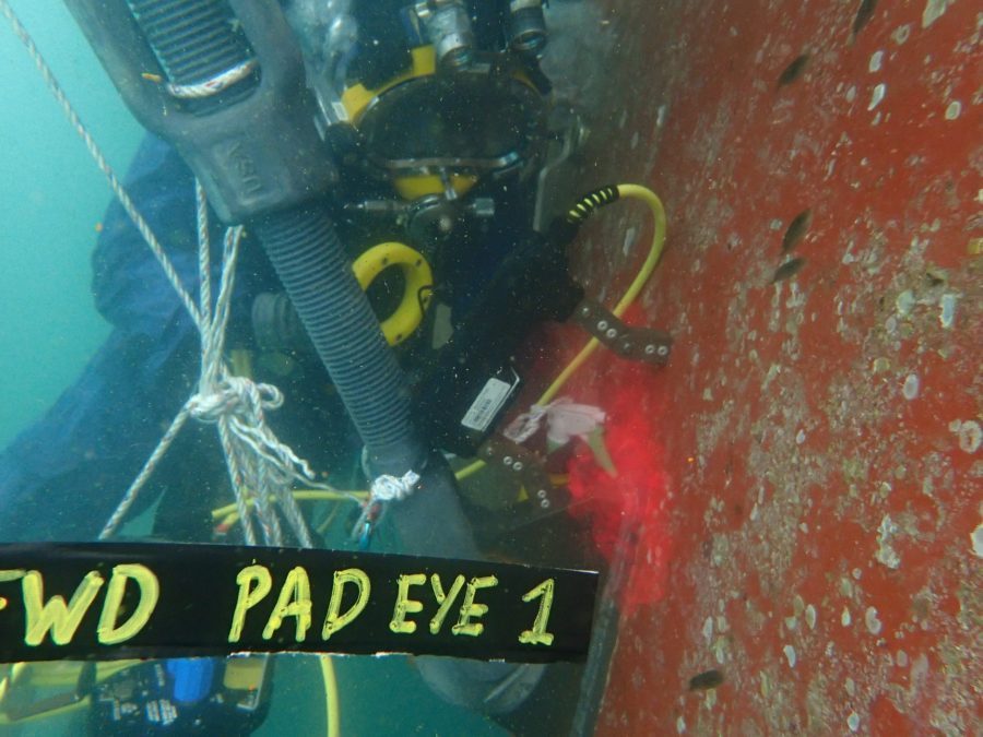 Diver checking the cofferdam pad eyes